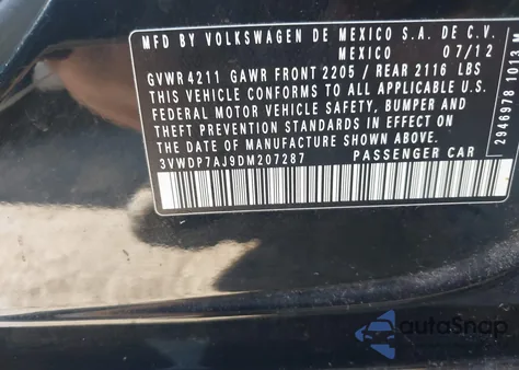 2013 Volkswagen Jetta 2.5L Se from USA, damaged, VIN 3VWDP7AJ9DM207287